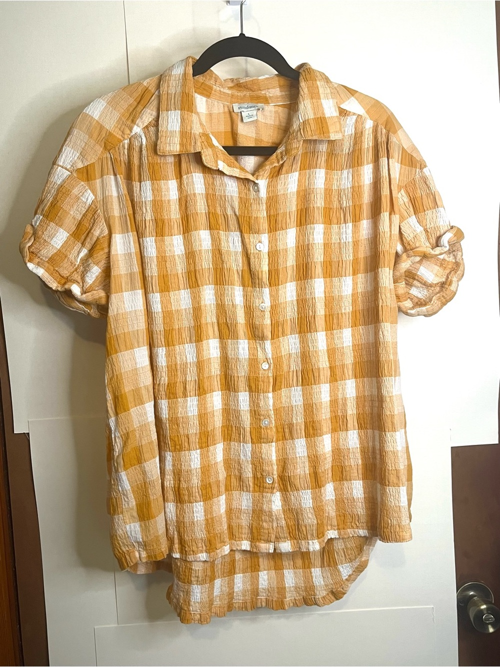 Sundance Women’s Size L Orange & White Gingham Button-Down Top